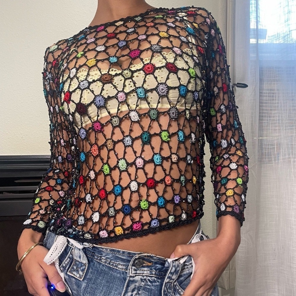 Y2K Black Crochet Mesh Long-Sleeve Top with Multicolor Accents